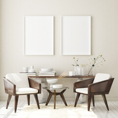 mock up poster frame in modern interior background, living room, Scandinavian style, 3D render, 3D illustration