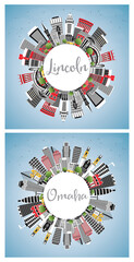 Omaha and Lincoln Nebraska City Skylines Set with Color Buildings, Blue Sky and Copy Space.