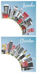 Omaha and Lincoln Nebraska City Skylines Set with Color Buildings, Blue Sky and Copy Space. - obrazy, fototapety, plakaty