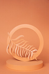 Luxury circle podium with palm leaves and frames on orange background. Concept scene stage showcase, for product, promotion, sale, banner, presentation, cosmetic. Minimal showcase mock up concept.
