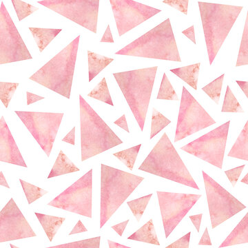 seamless watercolor hand drawn trendy pattern with modern contemporary geometric tringular triangle shapes of pink rose yellow blush colors, Baby shower textile fabric wrapping paper.