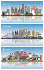 Kaohsiung, Tainan and Taichung Taiwan City Skylines Set with Gray Buildings, Blue Sky and Reflections.