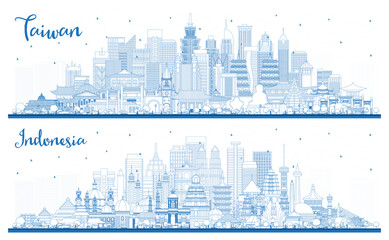 Outline Taiwan and Indonesia City Skylines Set with Blue Buildings.