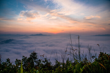 Morning scenery, sunrise time, in the middle of the sea of ​​mist at Ayer Weng Viewpoint, Betong District, Yala Province, Thailand