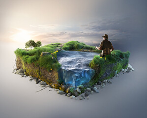 Travel and fishing background. 3d illustration with cut of the ground and the grass landscape with...