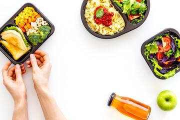 Food delivery background. Take away meal in boxes. Top view