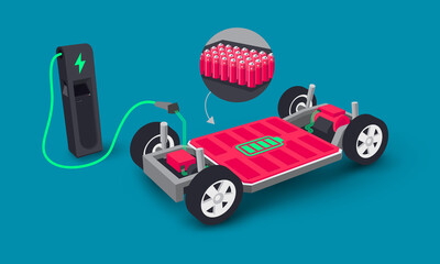 Modern electric car modular platform board charging battery pack rechargeable cells inside. Electric skateboard module chassis components, motor powertrain, controller. Isolated vector illustration - obrazy, fototapety, plakaty