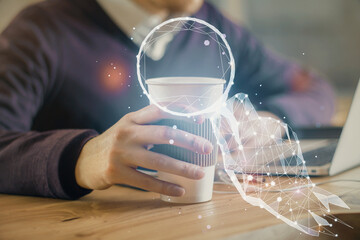 Start up drawings with businessman working on computer on background. Teamwork concept. Double exposure.