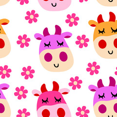 Vector smiling cute cow pattern in flat cartoon style with flowers on a white background. Seamless cute design in for textile prints, wrapping paper, milk packages etc.