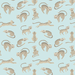 Leopard seamless pattern on light blue background. Vector illustration.