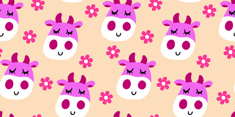 Obraz premium Vector smiling cow pattern in flat cartoon style with flowers on a pastel beige background. Seamless cute design in for textile prints, wrapping paper, milk packages etc.