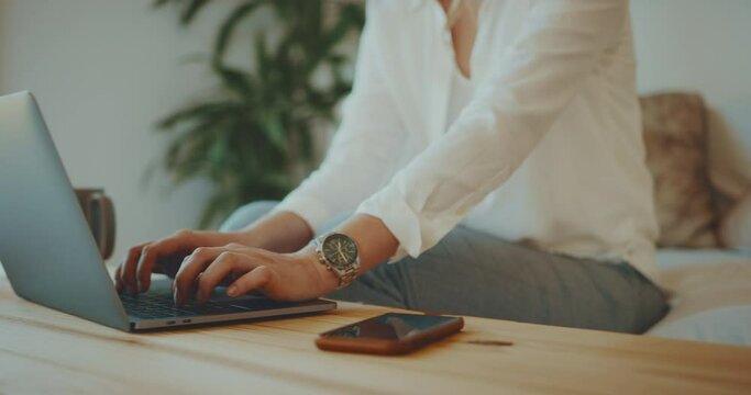 Professional young woman types on computer while working from home, social distancing