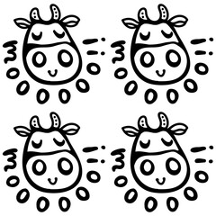 Vector smiling cow pattern with MOO lettering. Seamless design in line doodle style, black monochrome outline for textile prints, wrapping paper, milk packages etc.