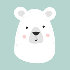 Cute hand drawn smiling white bear. Cartoon zoo. Vector illustration. Animal for the design of children products in scandinavian style.