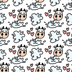 Vector pattern with cow drinking tasty milk. Seamless design in line doodle style for textile prints, funny wrapping paper, milk packages etc.