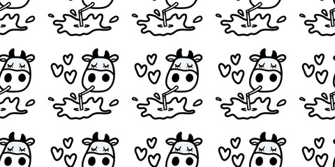 Vector pattern with cow drinking tasty milk. Seamless design in line doodle style for textile prints, funny wrapping paper, milk packages etc.