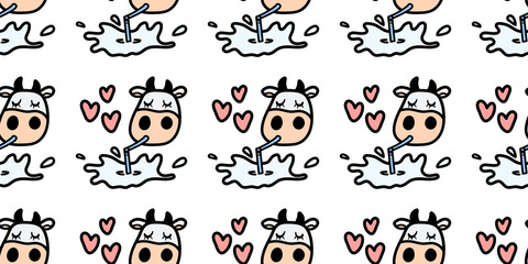 Vector pattern with cow drinking tasty milk. Seamless design in line doodle style for textile prints, funny wrapping paper, milk packages etc.