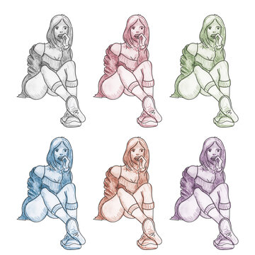 Fille assise au crayon en diff&eacute;rentes teintes de couleurs