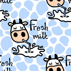 Vector pattern with cow drinking tasty milk on cow spot background. Seamless design in line doodle style for textile prints, funny wrapping paper, milk packages etc.