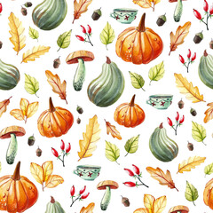 Seamless watercolor background with hand-drawn autumn objects on white background. Pumpkins, tea in a cup, oak and birch leaves, acorns, rosehip berries.