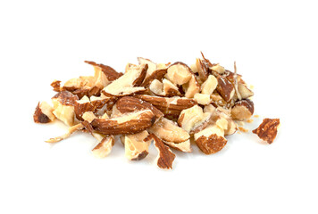 broken almonds isolated on white background