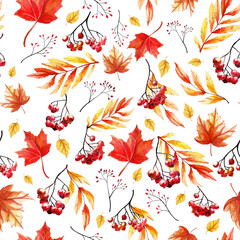 Obraz premium Seamless hand-drawn ornament on an autumn theme with red rowan berries, yellow birch leaves, twigs and maple leaves. For the design of invitations, fabrics, etc.