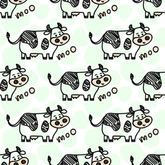 Vector smiling standing cow pattern on a spot background. Seamless cute design in sketch doodle or marker style, black outline. For textile prints, wrapping paper, milk packages etc.