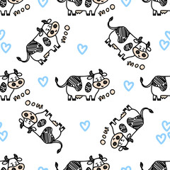 Vector smiling standing cow pattern with Moo lettering and hearts symbols. Seamless cute design in sketch doodle or marker style, black outline. For textile prints, wrapping paper, packages etc.