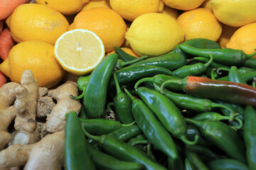 Lemons, green hot chili peppers and ginger