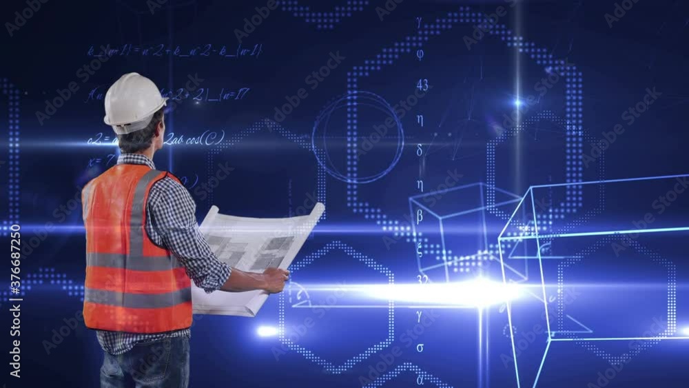 Poster site worker looking for solution over animated background.