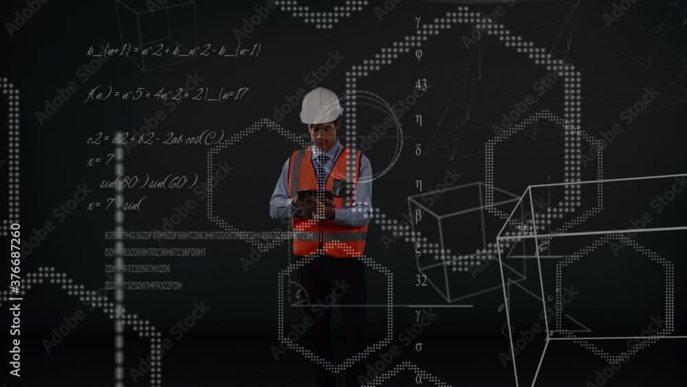 Poster site worker looking for solution over animated background.