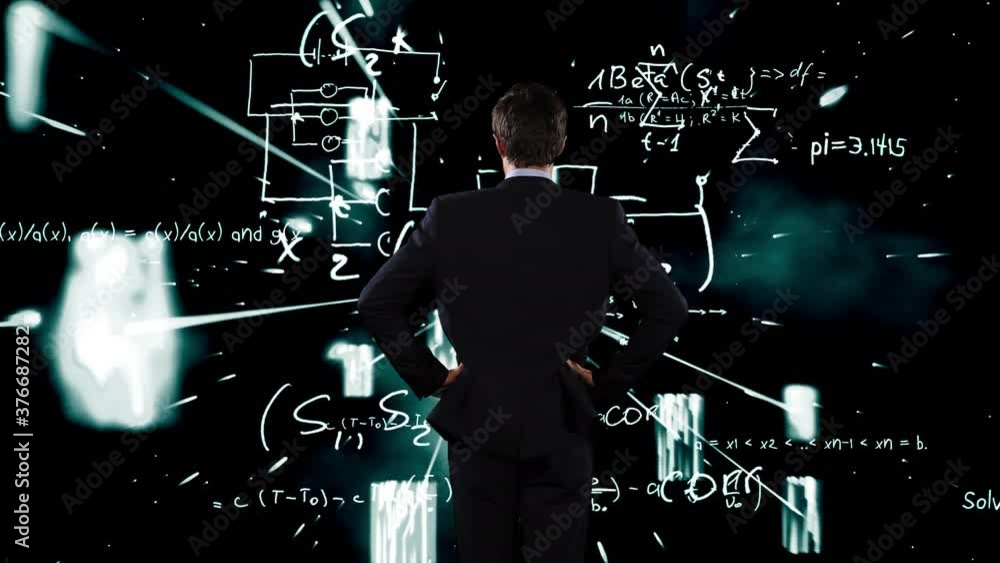 Poster man looking mathematical equations for solution.