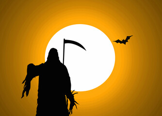 Halloween, muerte, fondo para escribir texto. Sol, murciélagos y cielo anaranjado.