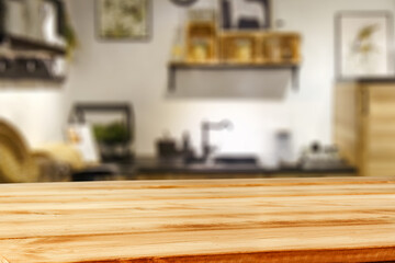 Desk of free space and kitchen interior 