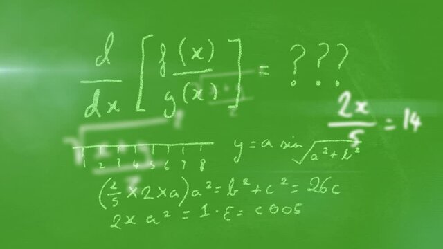 Mathematical equations over green background.