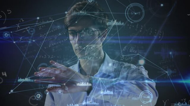 Man working on animated mathematical equations.