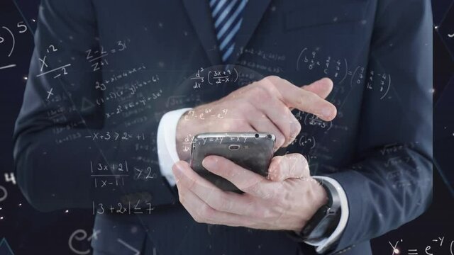 Man on phone over mathematical equations.