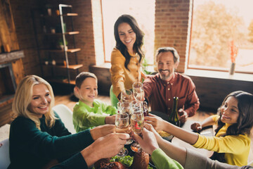 Portrait of nice attractive cheerful glad positive big full family gathering meeting celebratory occasion clinking glasses festal evening party at modern loft brick industrial interior house indoors
