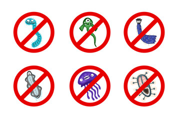 Stop spread virus symbol set. Cartoon germ characters prohobition vector illustration on white background. Cute fly bacteria infection danger character. Microbe viruses and diseases protection