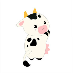 Cute vector cow on an isolated white background. A kawaii style cartoon character.  Sweet zoo of wild animals and Pets for children's room, print, poster or for Greeting card
