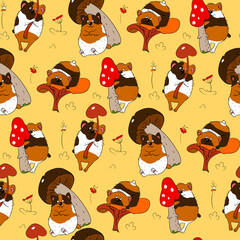 Seamless pattern with guinea pigs and mushrooms. Animalistic vector background. Orange and brown tones. Can be used for wallpapers, pattern fills, textile, surface textures