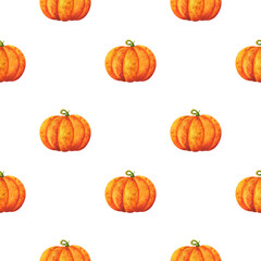 Big orange pumpkin. Simple print with watercolor illustrations of vegetables on a white background. Seamless pattern with autumn crop for fabric, textile, paper. Stock image.