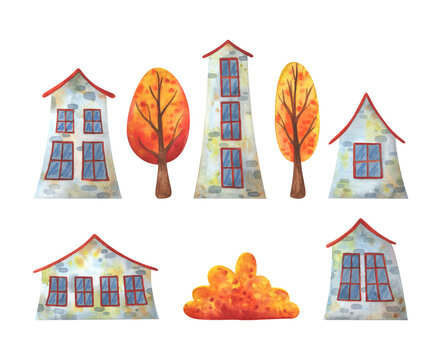 Autumn town. A set of watercolor illustrations with houses and falling trees. Stock images isolated on a white background. Clipart for decorating the urban landscape
