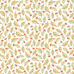 Clusters of autumn red berries and fallen leaves. Seamless pattern with watercolor illustrations on a white background. Small print for fabric,  paper and other designs. Stock ornament with plants