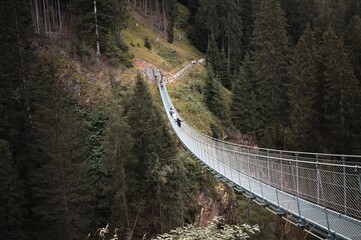 People walking on a steel tibetan bridge inside a forest in the italian Alps (Rabbi, Trentino, italy, Europe)