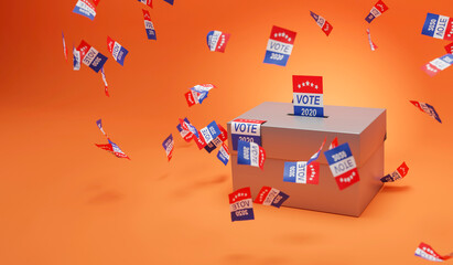 Ballot box Vote 2020 United States of America Presidential . Red, white, and blue paper voting design in 2020. 3d render.