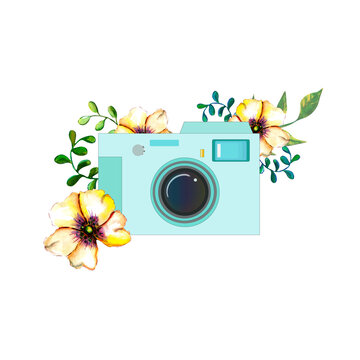 Blue flat camera decorated with watercolor yellow flowers and green leaves. Logo design.