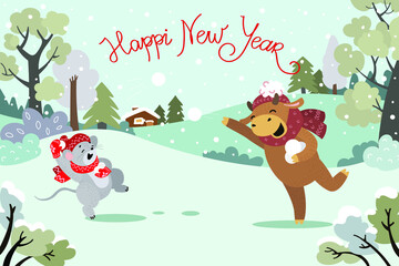 Obraz na płótnie Canvas mouse and bull, symbols of the Chinese new year, playing snowballs in a snowy meadow, cartoon, flat style, postcard, vector illustration