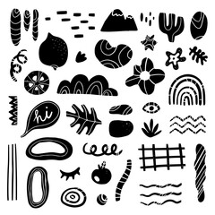 Hand drawn black monochrome abstract doodle shapes and objects. Contemporary art with trendy elements in modern freehand style
