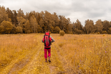 Autumn. Hiking. A sporty man going along field trail on autumn background. Rainy cloudy fall day. A tourist wearing red clothes walking hiking with big backpack. Yellow orange fall colors. Rear view